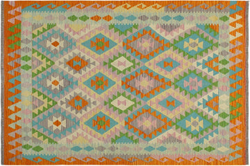 Flat Weave Kilim, Antique, Navaho, Vintage, Handmade, Geometric Kilim Beige Orange Hand-Woven Rectangle 100% Wool Area Rug 4 x 6